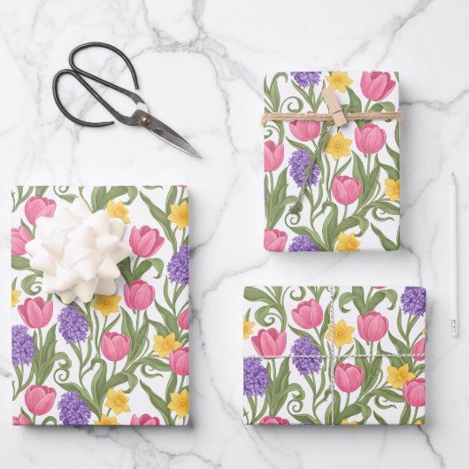Pink Tulips, Yellow Daffodils, Purple Hyacinths Geschenkpapier Set (Vorderseite)
