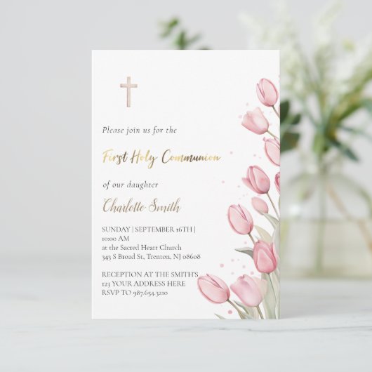 Pink Tulpe Blume | Erste Kommunion Einladung (Stehend Vorderseite)