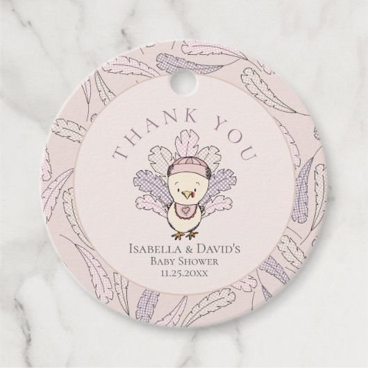 Pink Turkey & Feathers Girl Baby Dusche Vielen Dan Geschenkanhänger (Vorderseite)