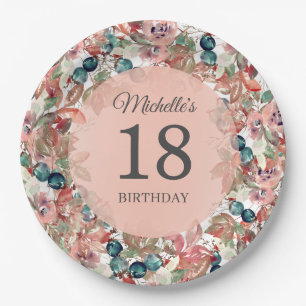 Pink Türkis Blumen 18. Geburtstag Pappteller