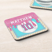 Pink & Turquoise Baseball Drip Birthday Party Getränkeuntersetzer (Linke Seite)