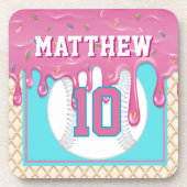 Pink & Turquoise Baseball Drip Birthday Party Getränkeuntersetzer (Vorderseite)