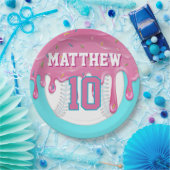 Pink & Turquoise Baseball Drip Birthday Party Pappteller (Party)