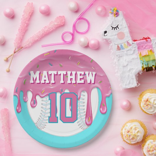 Pink & Turquoise Baseball Drip Birthday Party Pappteller (Party)
