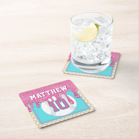 Pink & Turquoise Baseball Drip Birthday Party Rechteckiger Pappuntersetzer (Vor Ort)