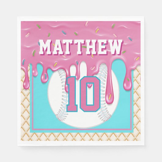 Pink & Turquoise Baseball Drip Birthday Party Serviette (Vorderseite)