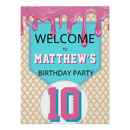 Pink Turquoise Baseball Drip Birthday Welcome Sign Poster
