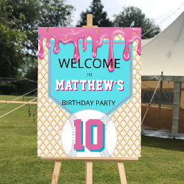 Pink Turquoise Baseball Drip Birthday Welcome Sign Poster