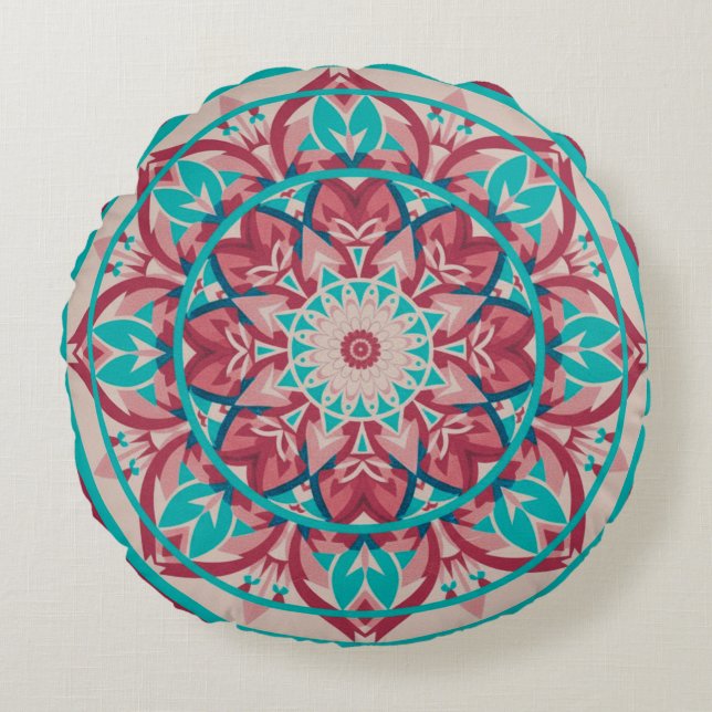 Pink & Turquoise Boho Mandala   Rundes Kissen (Vorderseite)