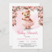 Pink tutu ballerina Mädchen Teddy Bärenblüte Rose Einladung (Vorne/Hinten)