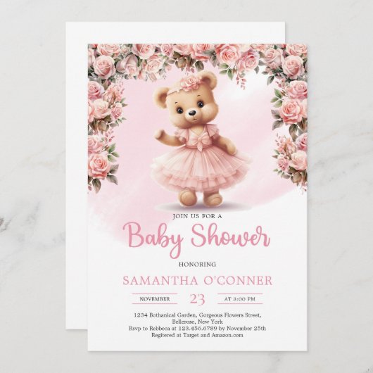 Pink tutu ballerina Mädchen Teddy Bärenblüte Rose Einladung (Vorne/Hinten)