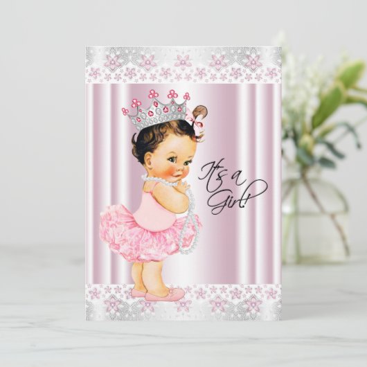 Pink Tutu Ballerina Pearl and Lace Baby Dusche Einladung (Stehend Vorderseite)