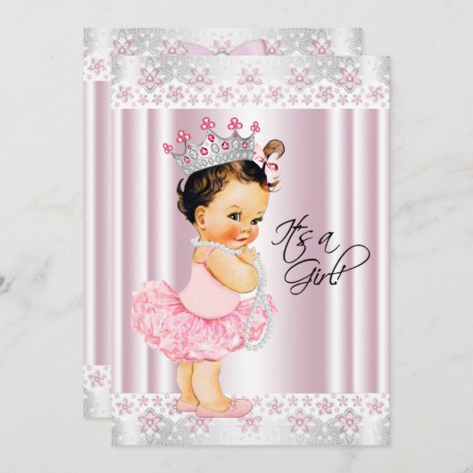 Pink Tutu Ballerina Pearl and Lace Baby Dusche Einladung (Vorne/Hinten)
