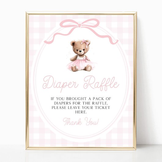 Pink Tutu Teddy Bear Baby Shower Diaper Raffle Poster
