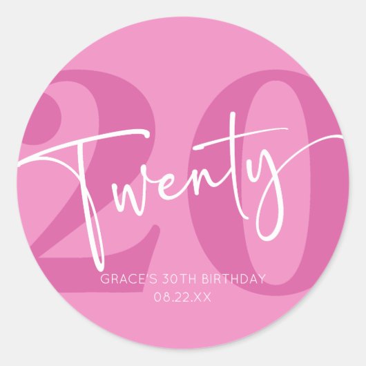 Pink Twenty 20th Twentieth Birthday Party Favor Runder Aufkleber (Vorderseite)