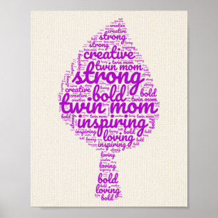 Pink Twin Mama Leaf Shaped Word Cloud Poster