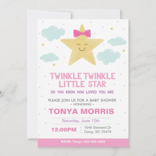 Pink Twinkle Little Star Baby Dusche Einladung (Vorderseite)