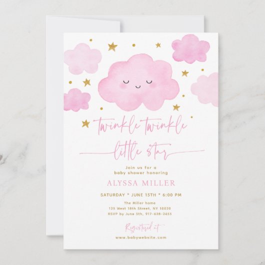 Pink Twinkle Star Cloud Baby Dusche Einladung (Vorderseite)