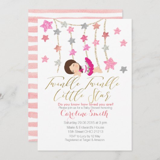 Pink Twinkle Stars Girl Babydusche Einladung (Vorne/Hinten)