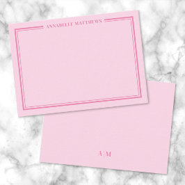 Pink Two Border Minimalist Name Monogram Mitteilungskarte