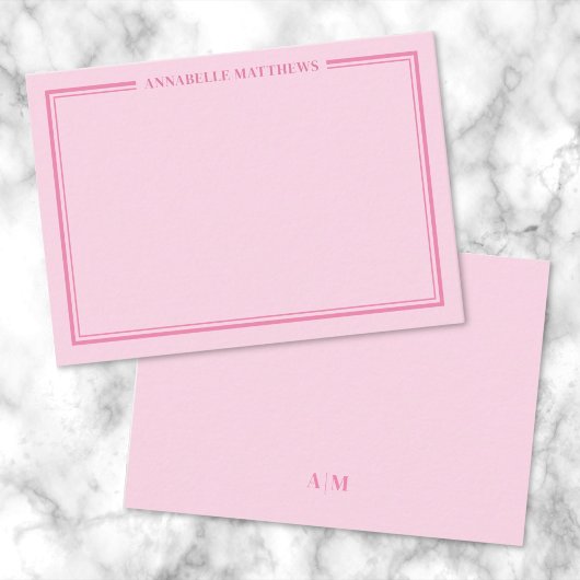 Pink Two Border Minimalist Name Monogram Mitteilungskarte