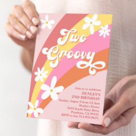 Pink Two Groovy Retro Daisies Rainbow Birthday Einladung