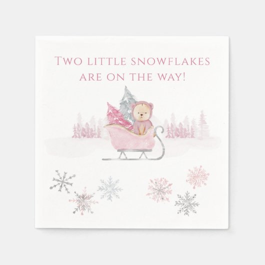 Pink Two Little Snowflakes Twin Baby Shower Serviette (Vorderseite)