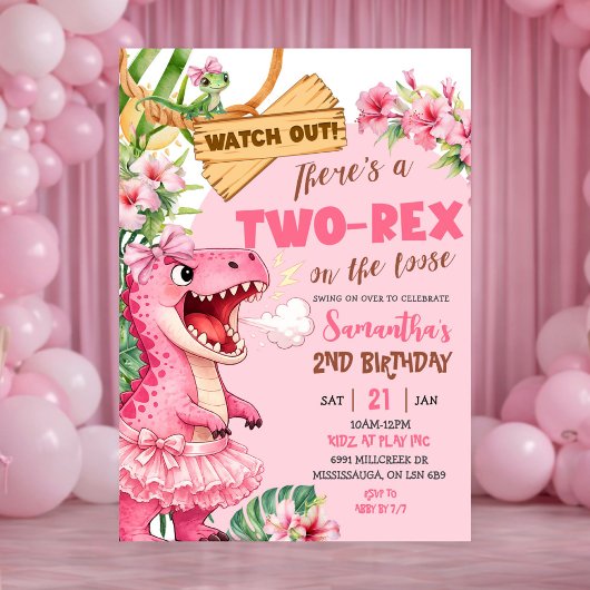 Pink Two Rex On The Loose Third Birthday Einladung