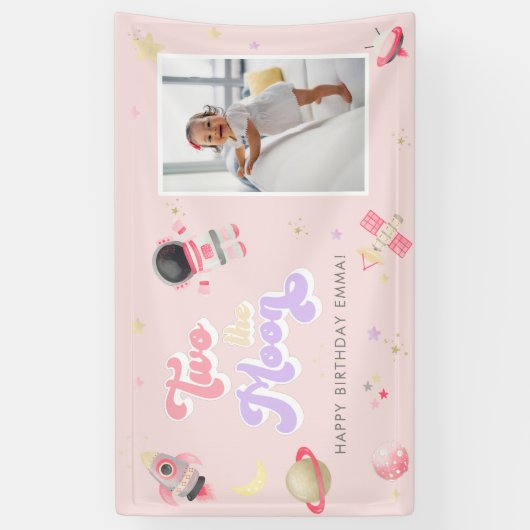 Pink Two the Moon Space Birthday Banner (Vertikal)