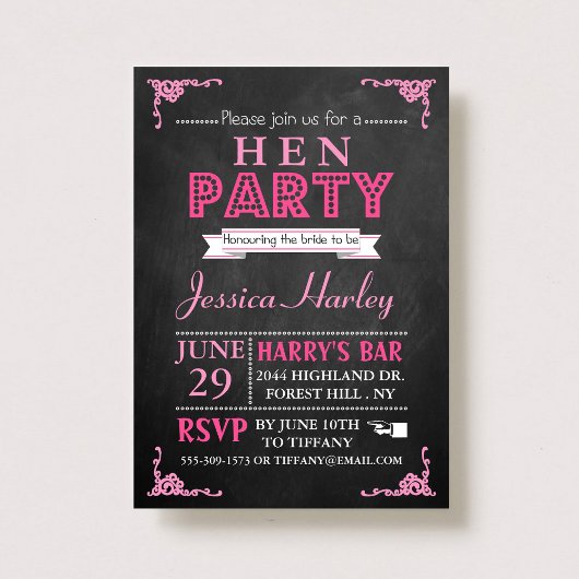 Pink Typografy Chalkboard Hen Party Einladung