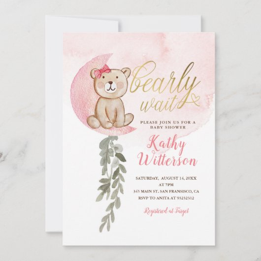 Pink über der Mond Bärenmädchen-Babydusche Einladung (Vorderseite)