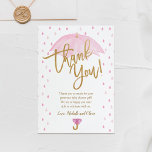 Pink Umbrella Baby Dusche Danke Karte<br><div class="desc">Kaufen Sie diese bearbeitbare Vorlage und genießen Sie hochwertige Pink Umbrella Dankeschön Card! Pink Baby Duwer Design. Baby Shower Einladungen Set für Mädchen.</div>
