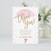 Pink Umbrella Baby Dusche Danke Karte (Stehend Vorderseite)