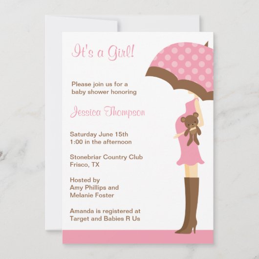 Pink Umbrella Baby Shower Einladungen (Vorderseite)