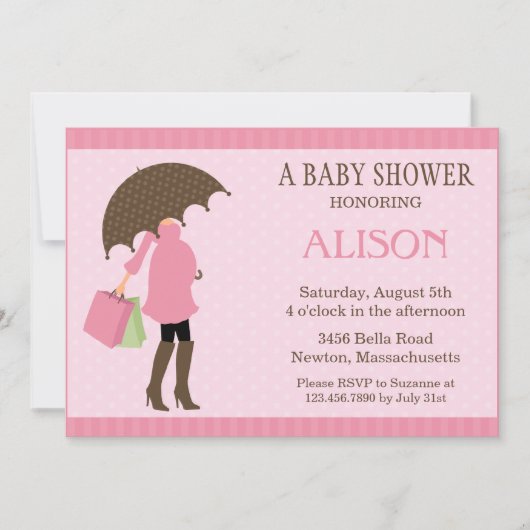 Pink Umbrella Babydusche Einladung (Vorderseite)