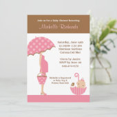 Pink Umbrella Babydusche Einladung (Stehend Vorderseite)