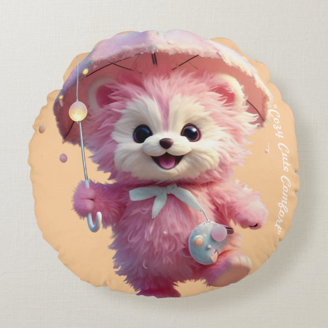 "Pink Umbrella Dreams" Rundes Kissen (Vorderseite)