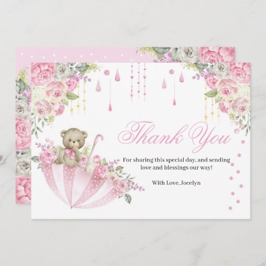 Pink Umbrella Teddy Bear Baby Sprinkle Danke, C Dankeskarte (Vorne/Hinten)