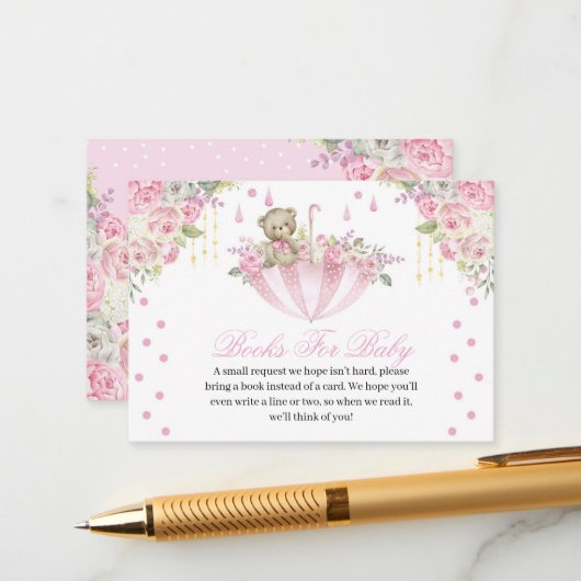 Pink Umbrella Teddy Bear Bücher für die Babyumschl Begleitkarte (Vorderseite/Rückseite Beispiel)