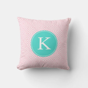 Pink und Aqua Griechisches Schlüsselmuster Monogra Kissen