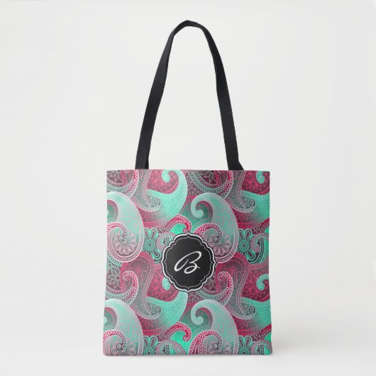 Pink und Aqua Paisley Muster mit Monogramm Tasche (Vorderseite)