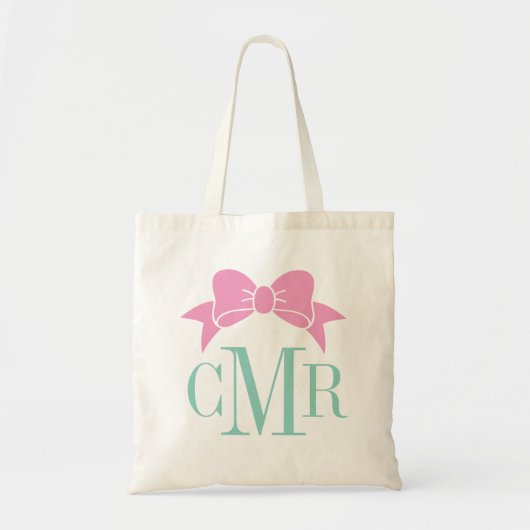 Pink und Aqua Preppy Bow Monogram Tragetasche (Vorne)