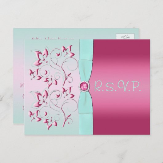 Pink und Aqua R.S.V.P. Postkarte (Vorne/Hinten)