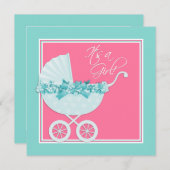 Pink und Aquamarin Blue Pram Babydusche Einladung (Vorne/Hinten)