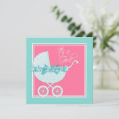 Pink und Aquamarin Blue Pram Babydusche Einladung (Stehend Vorderseite)