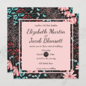 Pink und Aquamarin dunkles Blumenmuster Virtual We Einladung (Vorne/Hinten)
