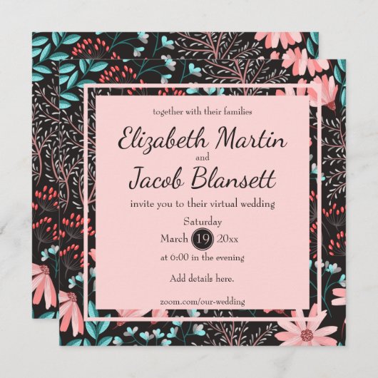 Pink und Aquamarin dunkles Blumenmuster Virtual We Einladung (Vorne/Hinten)