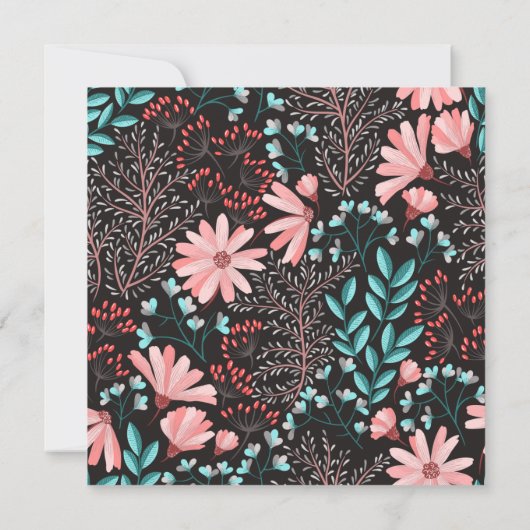 Pink und Aquamarin dunkles Blumenmuster Virtual We Einladung (Rückseite)