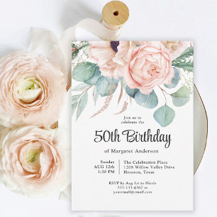 Pink und Beige Aquarell Floral 50. Geburtstag Einladung