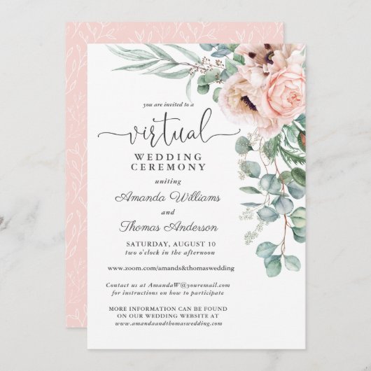 Pink und Beige Blütenopfen Virtual Wedding Einladung (Vorne/Hinten)